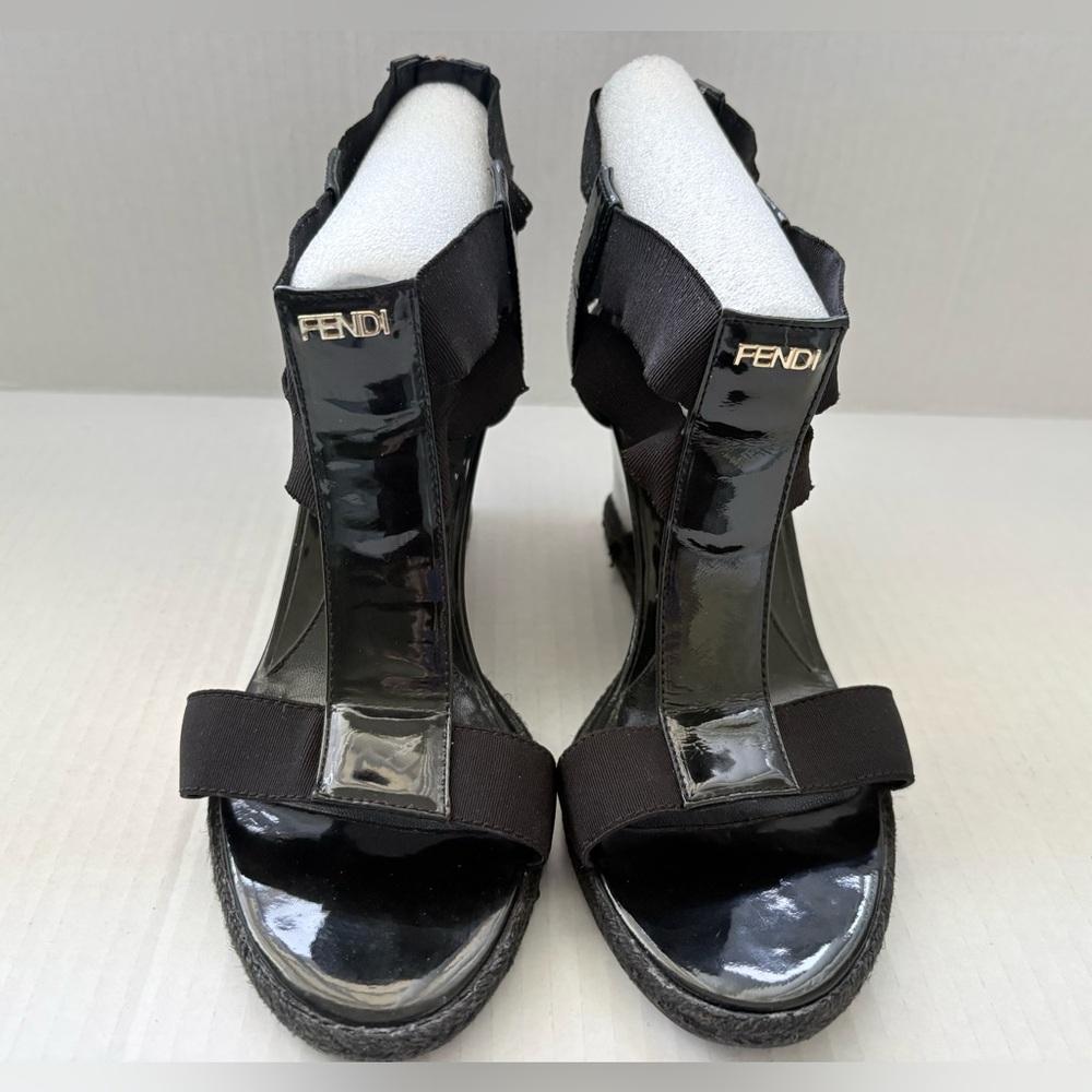 Fendi Black Patent Leather T-strap Wedge Sandals with Logo Hardware Size 38.5/ 8